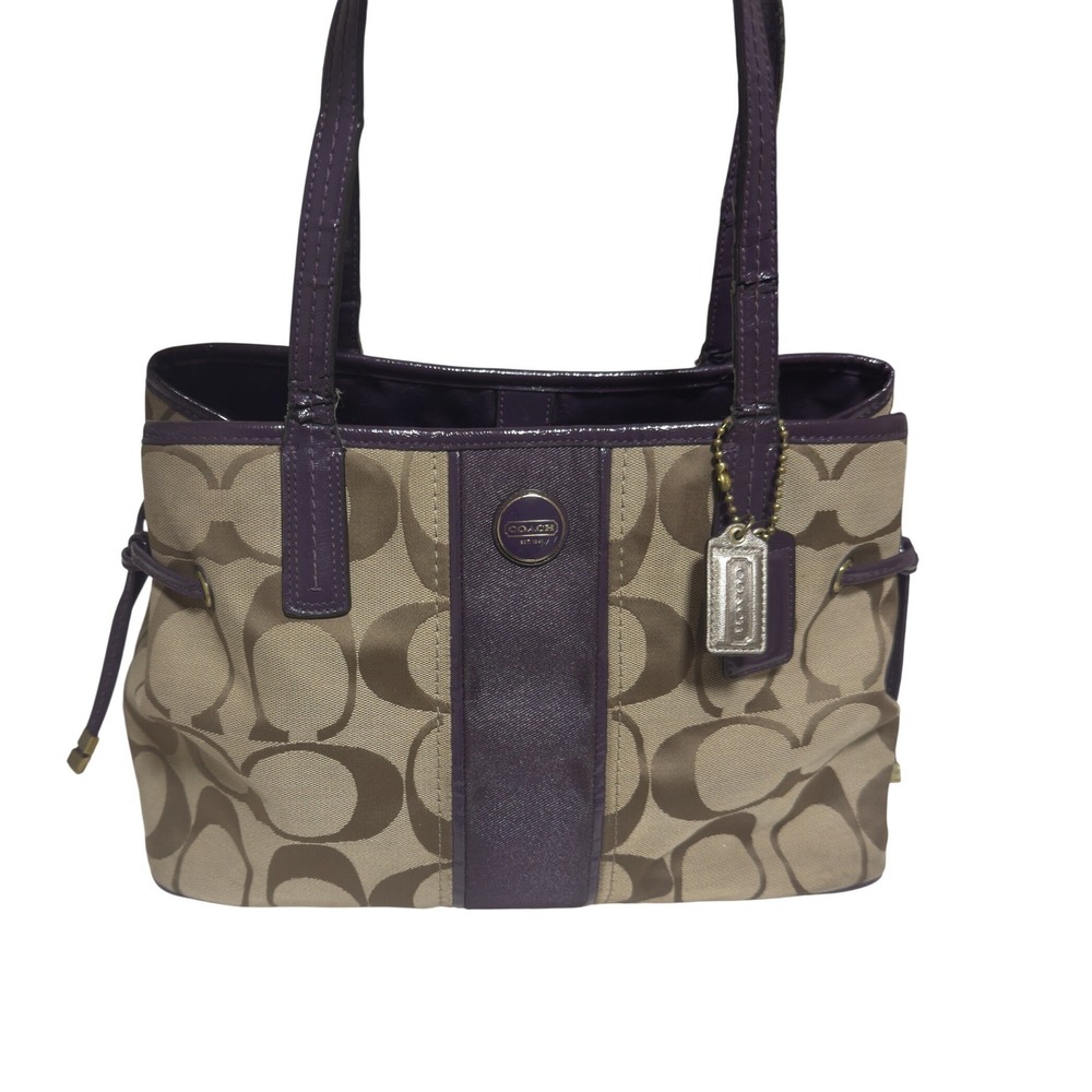 Coach Signature C Canvas Tote Bag Purple Khaki Monogram Shoulder Bag